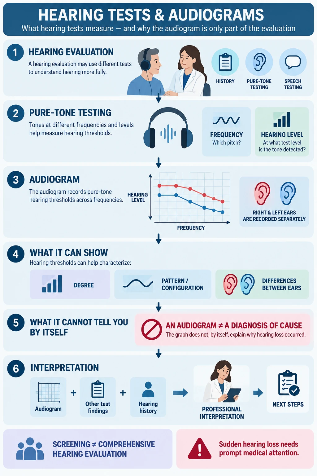 Infographic showing the path from hearing evaluation and pure-tone testing to an audiogram, professional interpretation and next steps