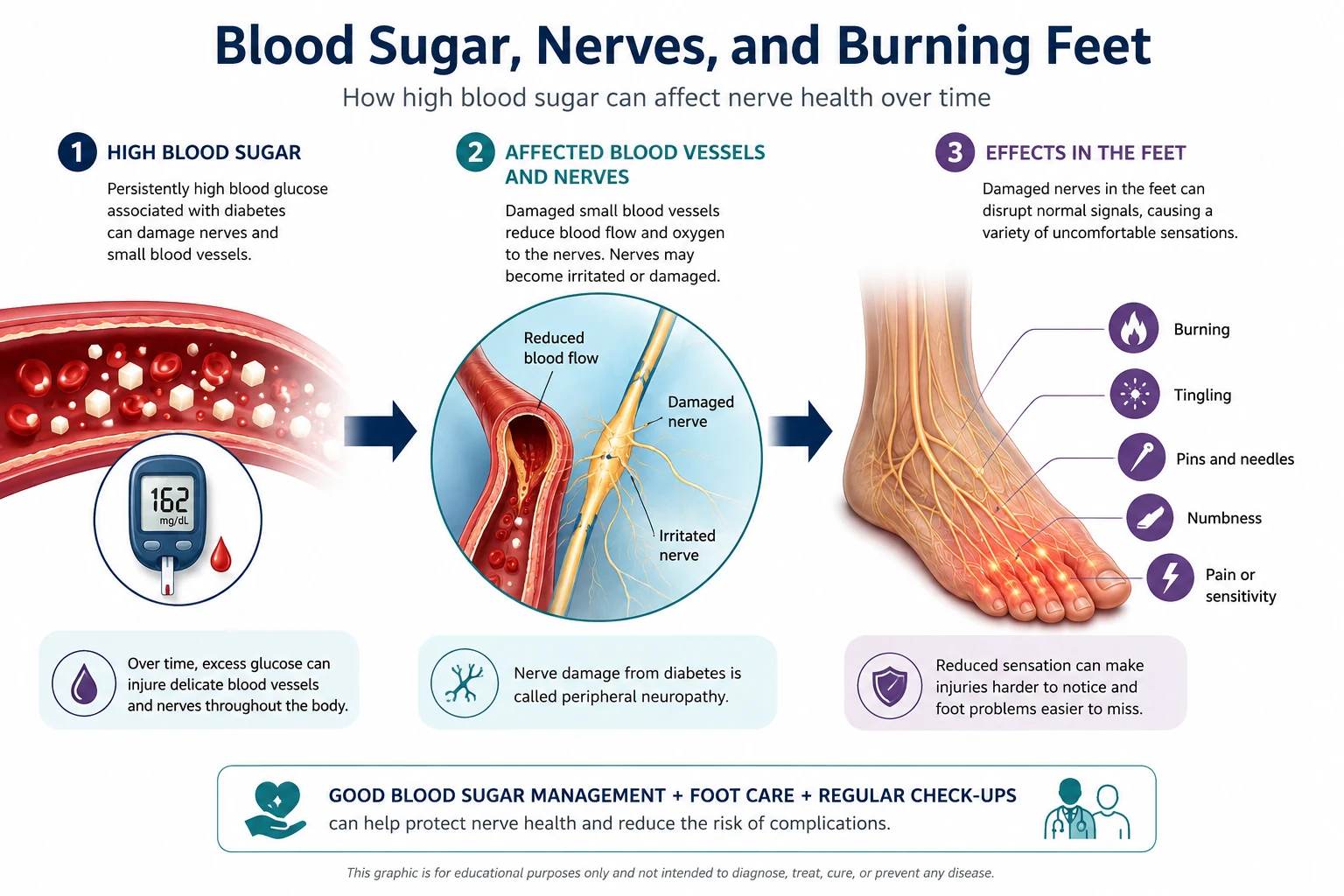 Illustration showing how high blood sugar can affect blood vessels, peripheral nerves and sensation in the feet