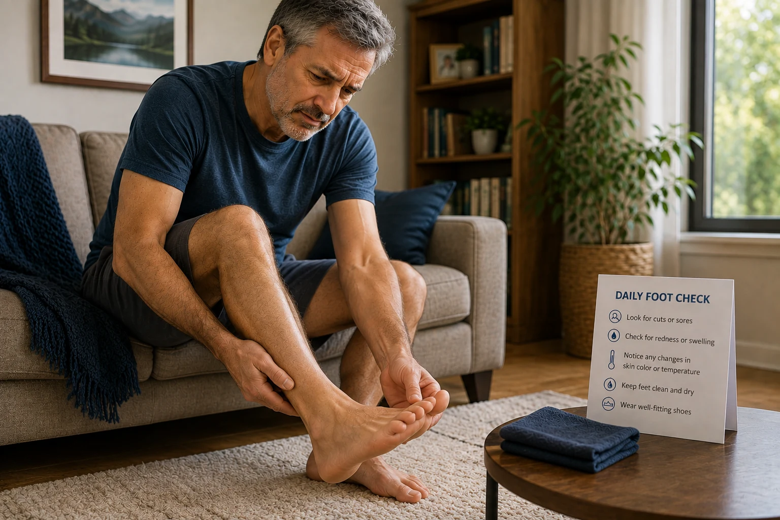 Man checking his foot for changes as part of a daily foot care routine