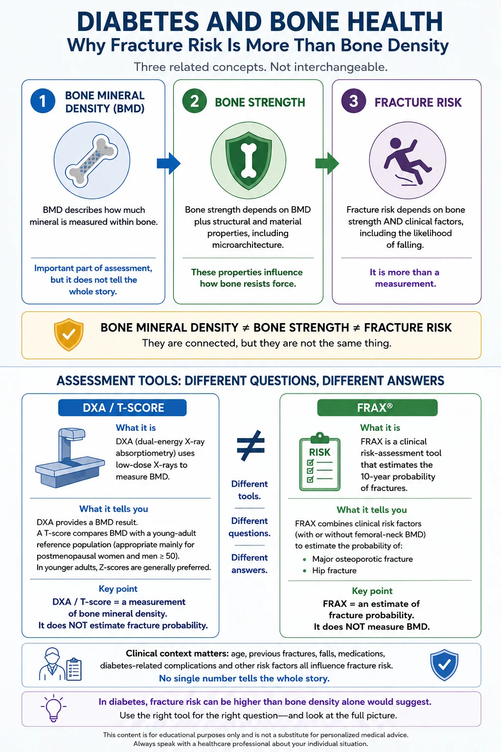 Infographic explaining bone mineral density, bone strength and fracture risk, and comparing DXA and T-scores with FRAX in diabetes