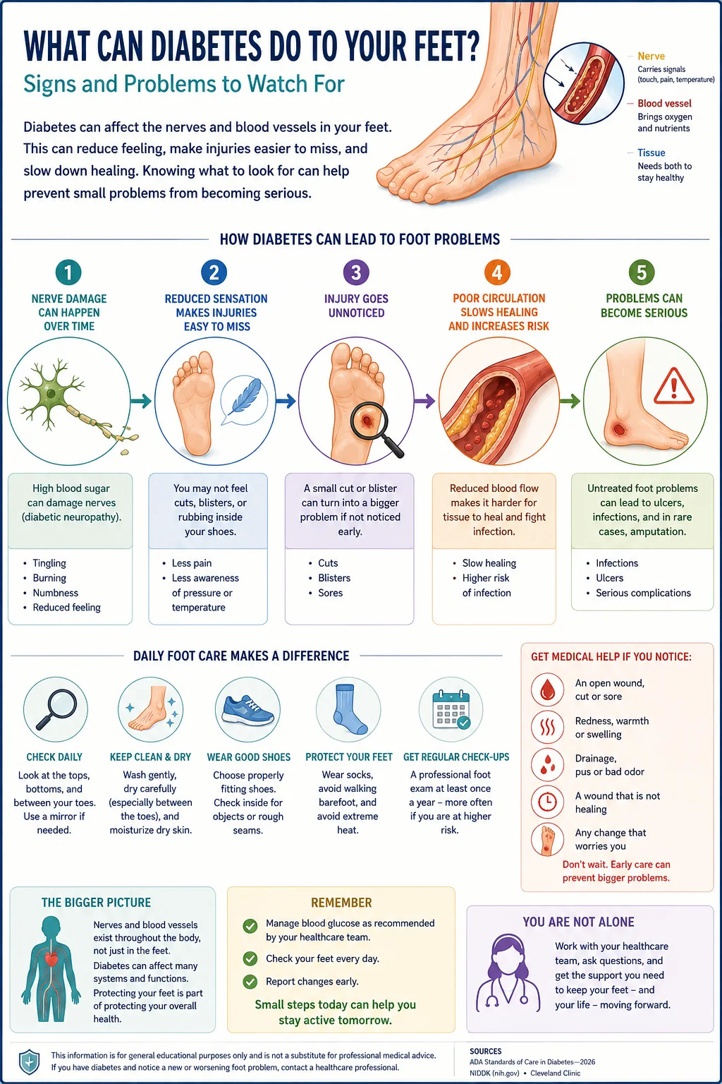 Infographic showing how diabetes-related nerve changes and reduced sensation can make foot injuries easier to miss, while reduced circulation can slow healing