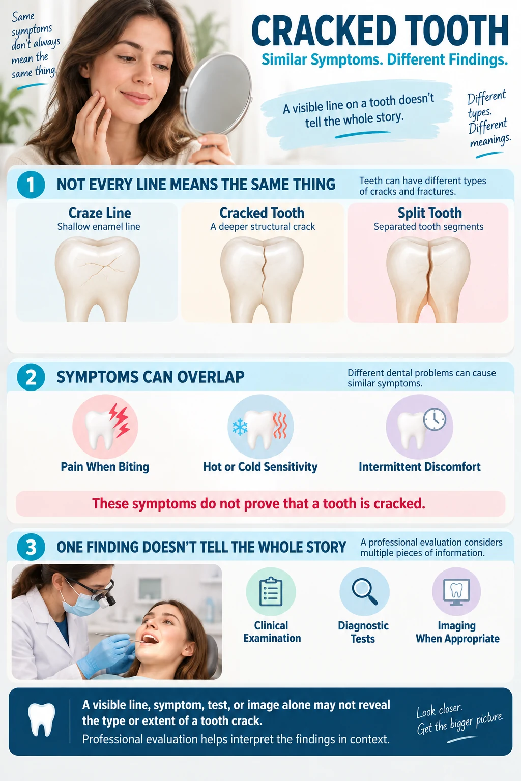 Infographic explaining different tooth cracks, overlapping symptoms, and why professional evaluation uses multiple findings