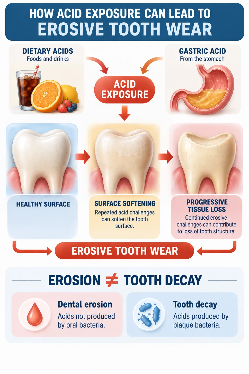 Infographic showing dietary and gastric acid exposure, surface softening, progressive tissue loss, erosive tooth wear, and the difference between dental erosion and tooth decay.