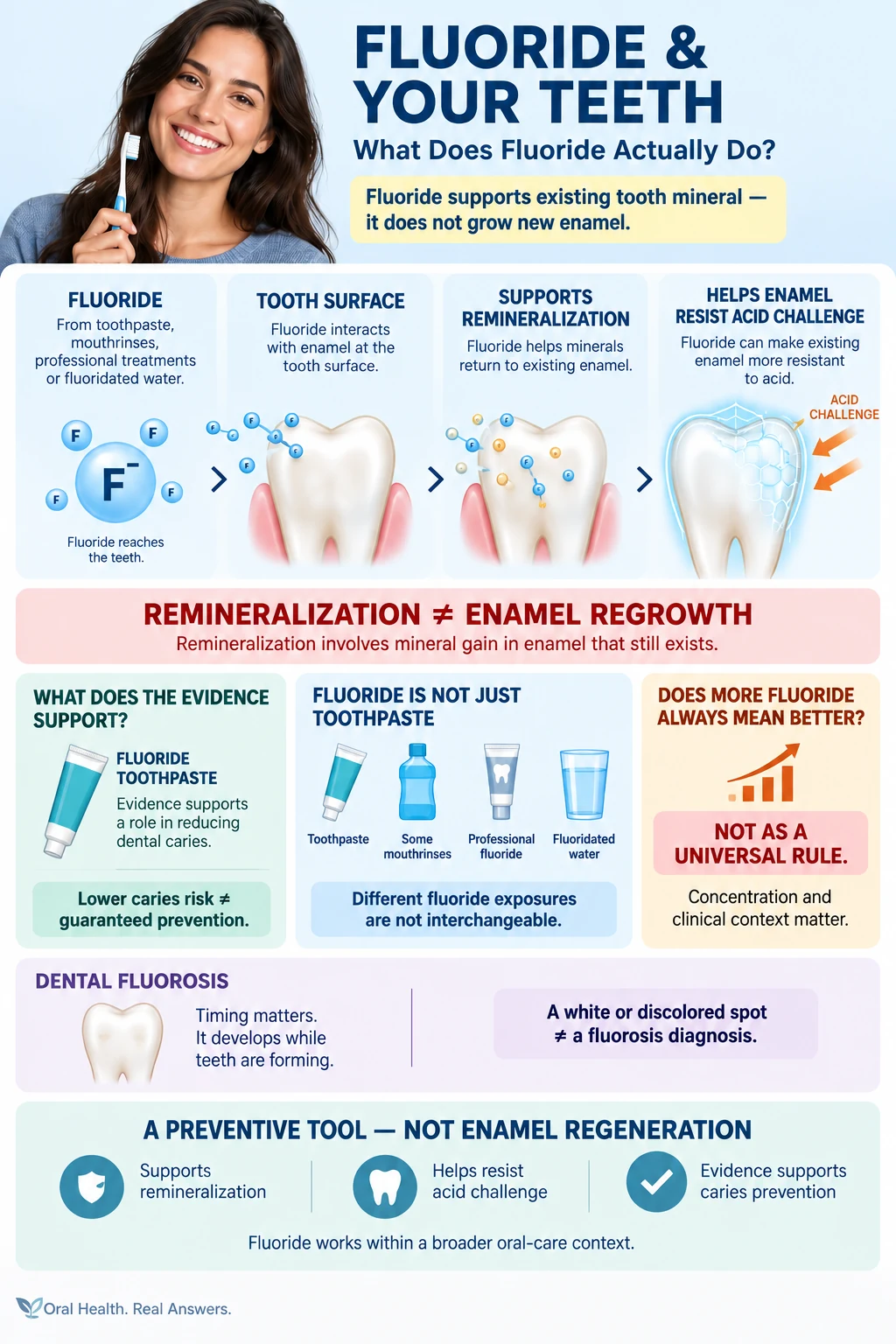 Infographic explaining how fluoride interacts with the tooth surface, supports remineralization, helps enamel resist acid challenge, and contributes to caries prevention without regrowing lost enamel.