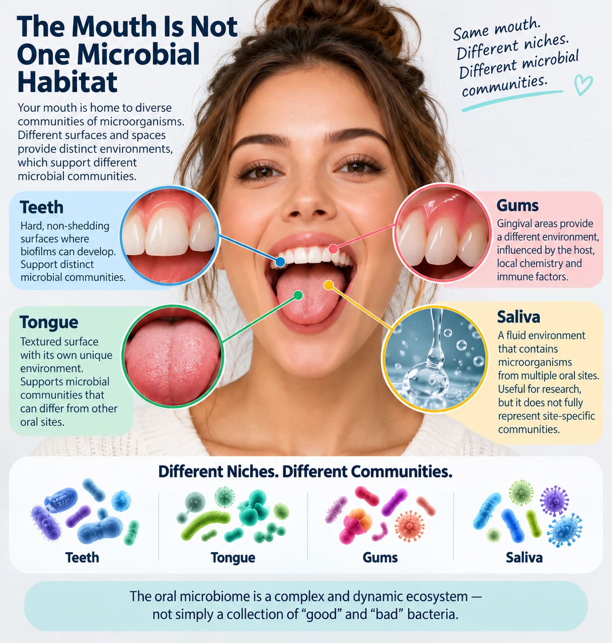 Infographic showing teeth, gums, tongue and saliva as different oral microbiome niches with distinct microbial communities