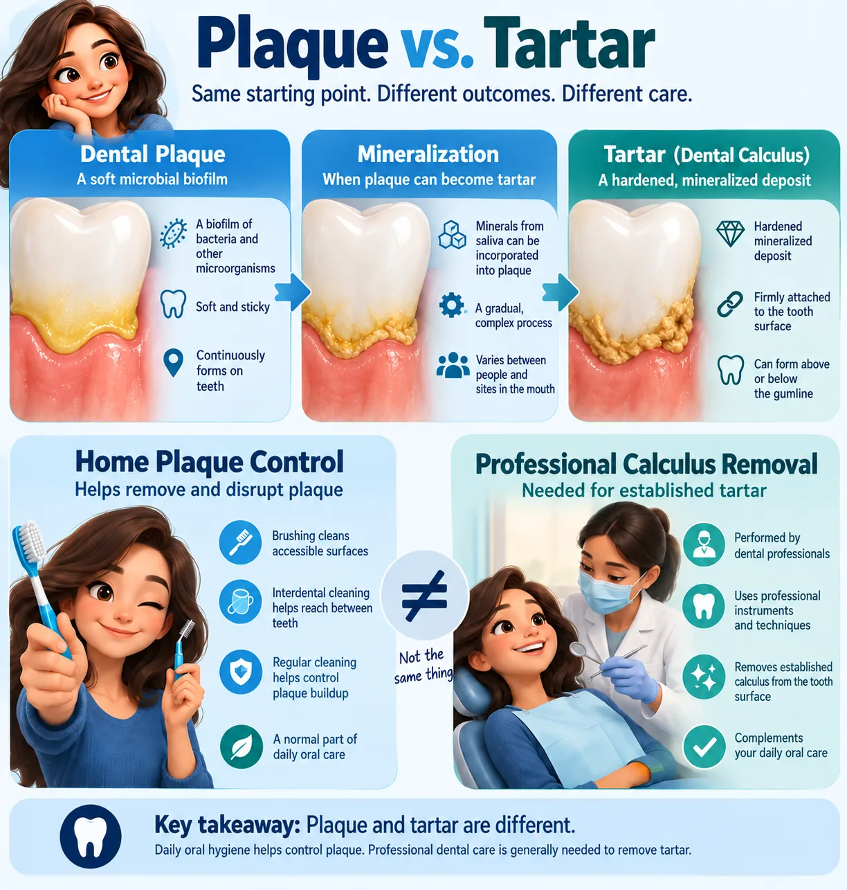 Infographic comparing dental plaque and tartar, showing plaque mineralization into calculus and the difference between home plaque control and professional calculus removal