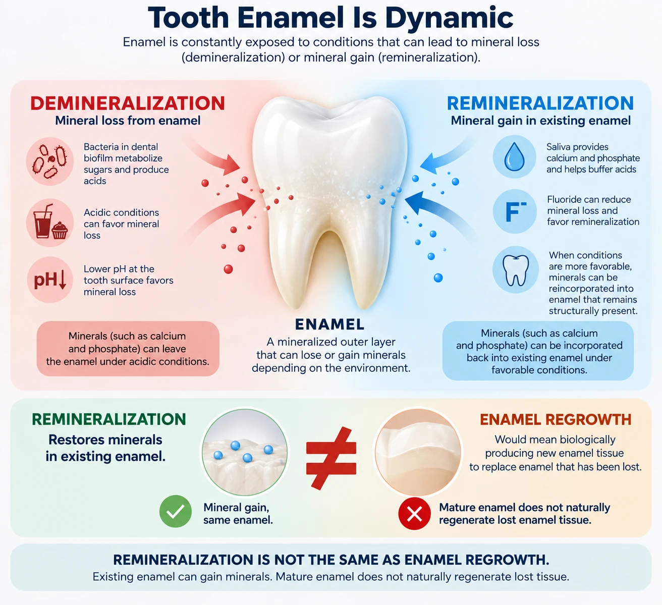 Infographic explaining tooth enamel demineralization and remineralization, showing mineral loss, mineral gain in existing enamel, and why remineralization is not the same as enamel regrowth
