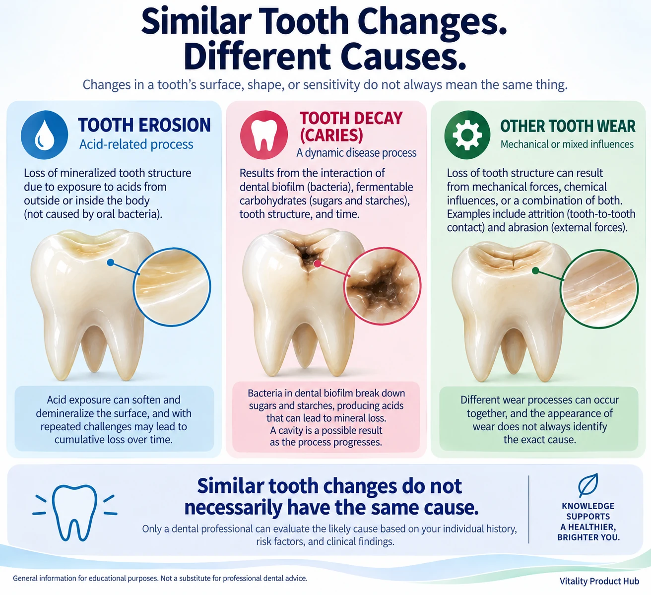 Infographic comparing tooth erosion, tooth decay, and other tooth wear, emphasizing that similar tooth changes can have different causes