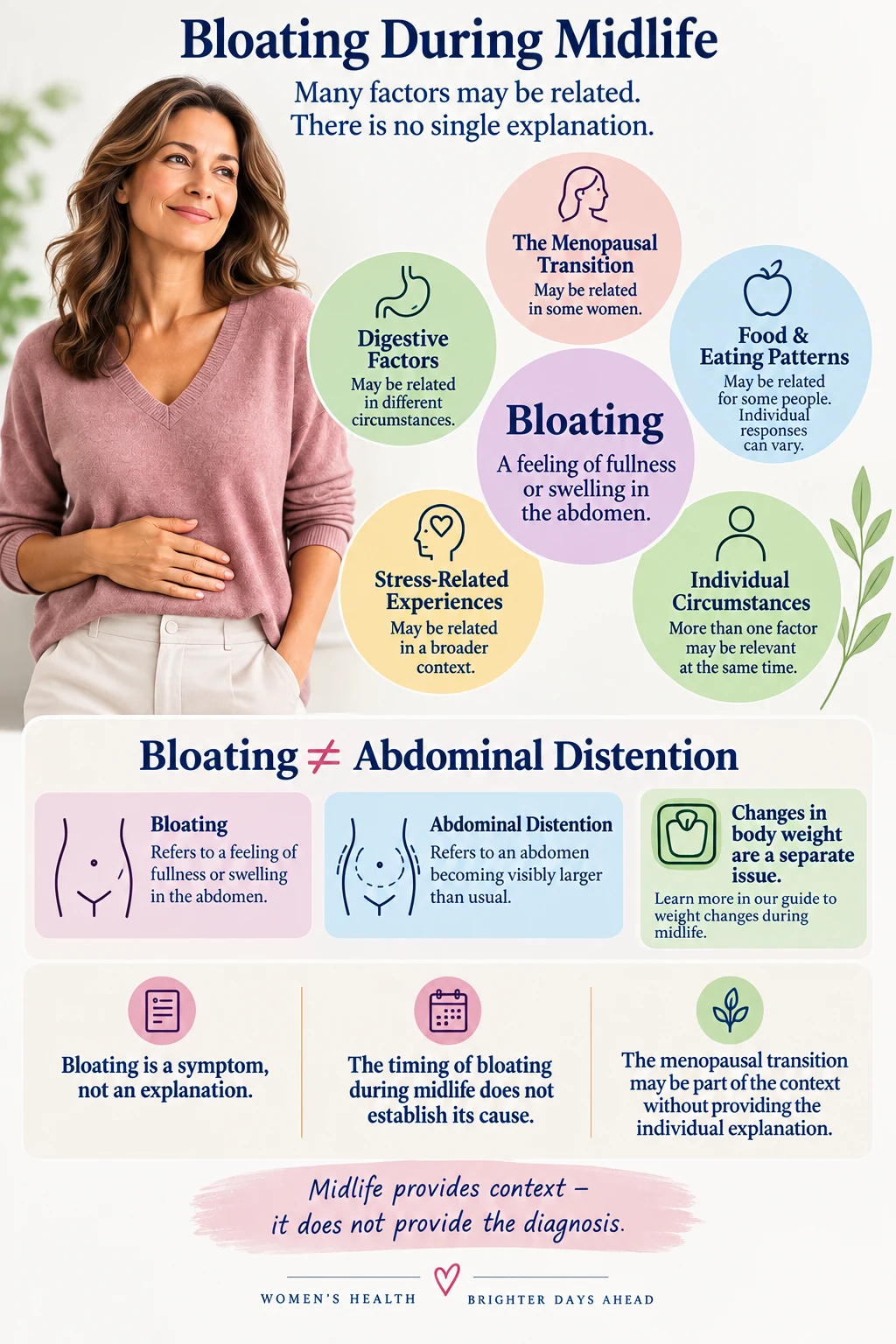 Infographic showing bloating during midlife surrounded by possible related contexts including the menopausal transition, digestive factors, food and eating patterns, stress-related experiences and individual circumstances.