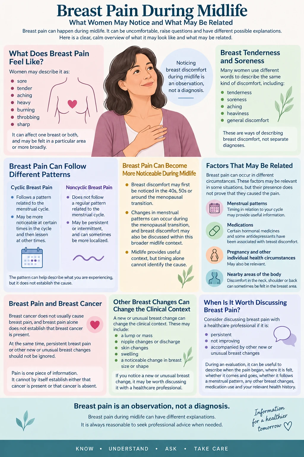 Infographic explaining breast pain during midlife, including tenderness and soreness, cyclic and noncyclic patterns, related context, other breast changes, and when to discuss breast pain with a healthcare professional.