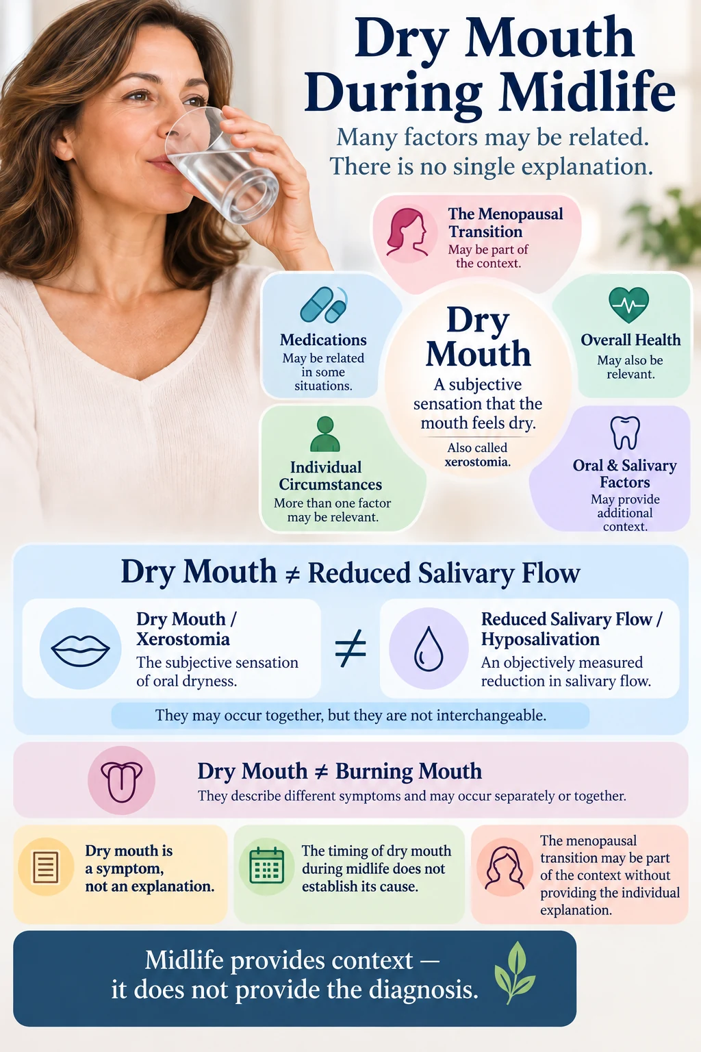 Infographic explaining dry mouth during midlife, including xerostomia, salivary flow and factors that may be related
