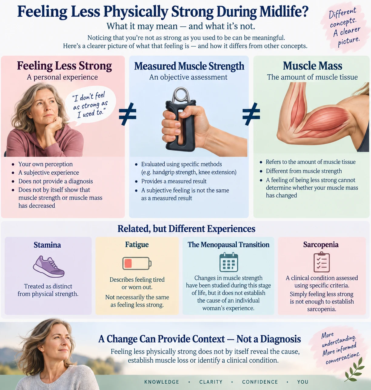 Infographic explaining the differences between feeling less physically strong, measured muscle strength and muscle mass during midlife.
