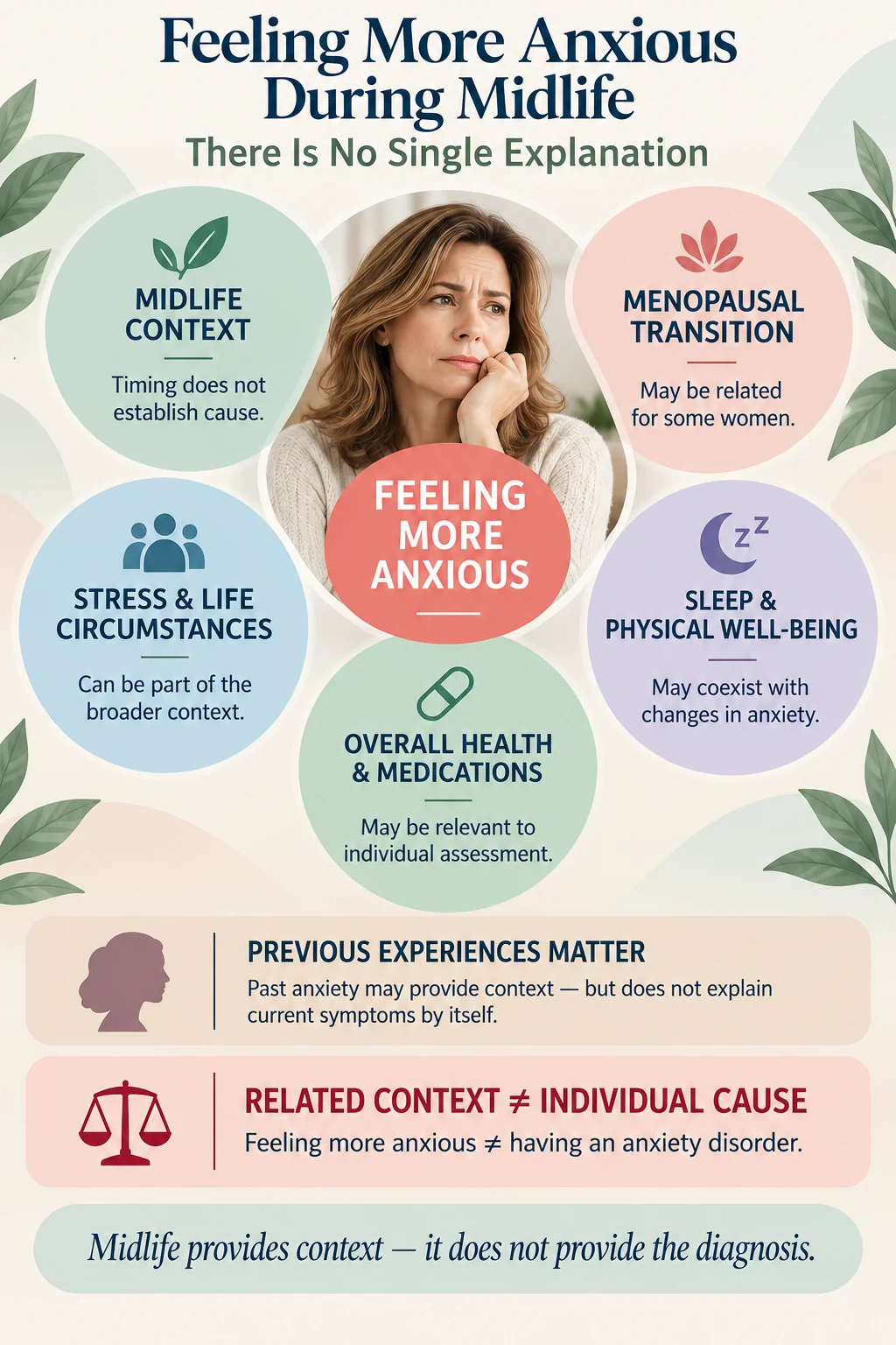 Infographic showing that feeling more anxious during midlife can occur within several contexts, including the menopausal transition, stress, sleep, overall health and medications, without identifying a single cause.