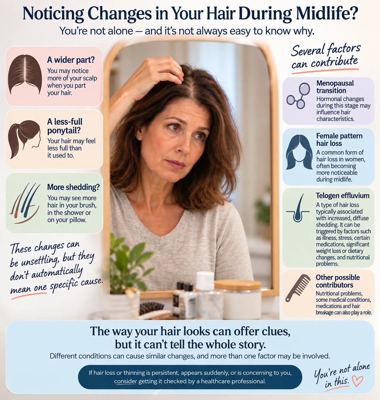 Woman looking at her hair in a mirror with an infographic explaining hair thinning, shedding and possible contributors during midlife