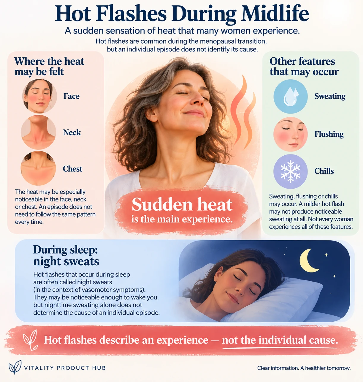 Infographic explaining sudden heat during hot flashes, possible sensations in the face, neck and chest, sweating, flushing, chills, and night sweats during sleep.