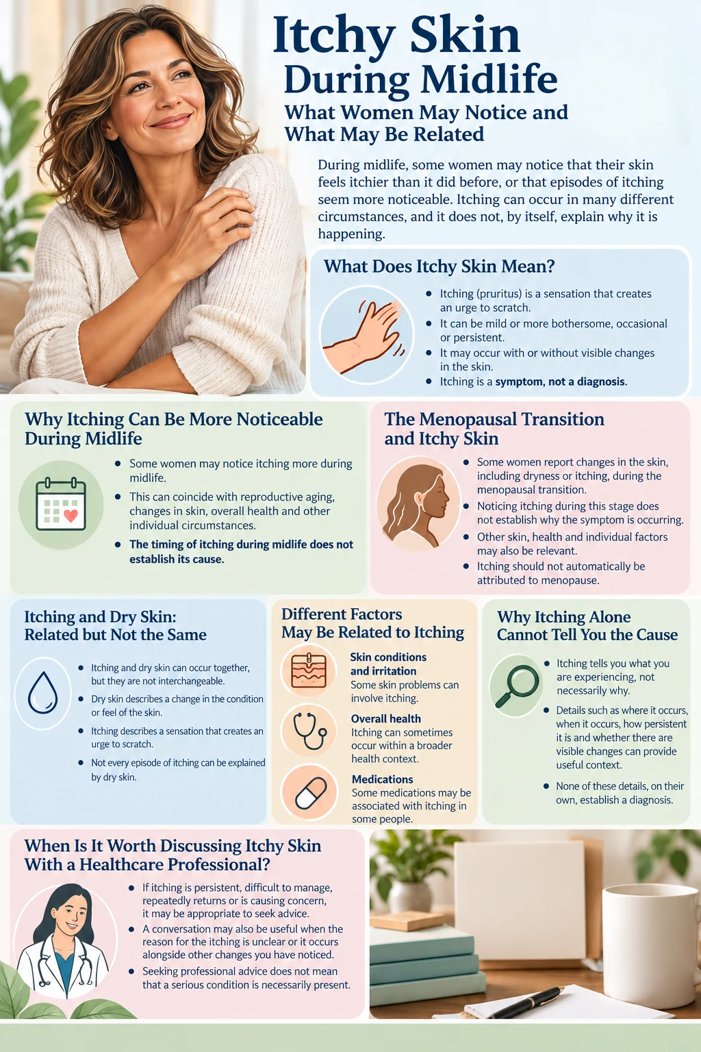 Infographic explaining itchy skin during midlife, possible related factors and why itching alone cannot identify the cause