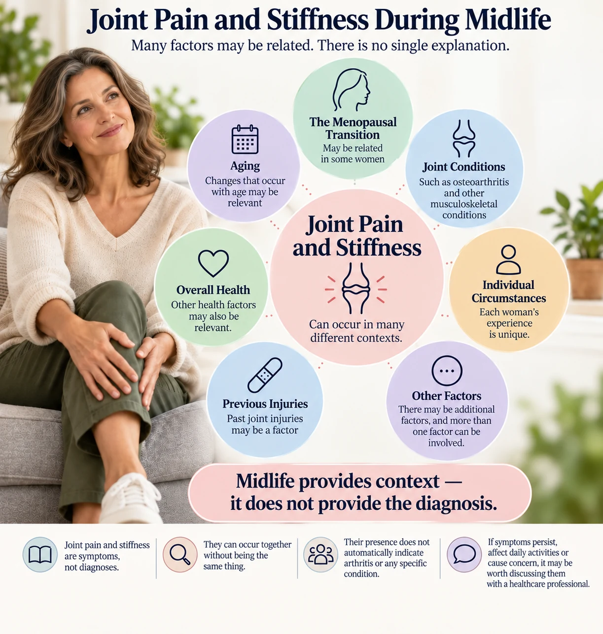 Infographic showing joint pain and stiffness during midlife surrounded by multiple possible contexts, including the menopausal transition, aging, joint conditions, previous injuries, overall health and individual circumstances.
