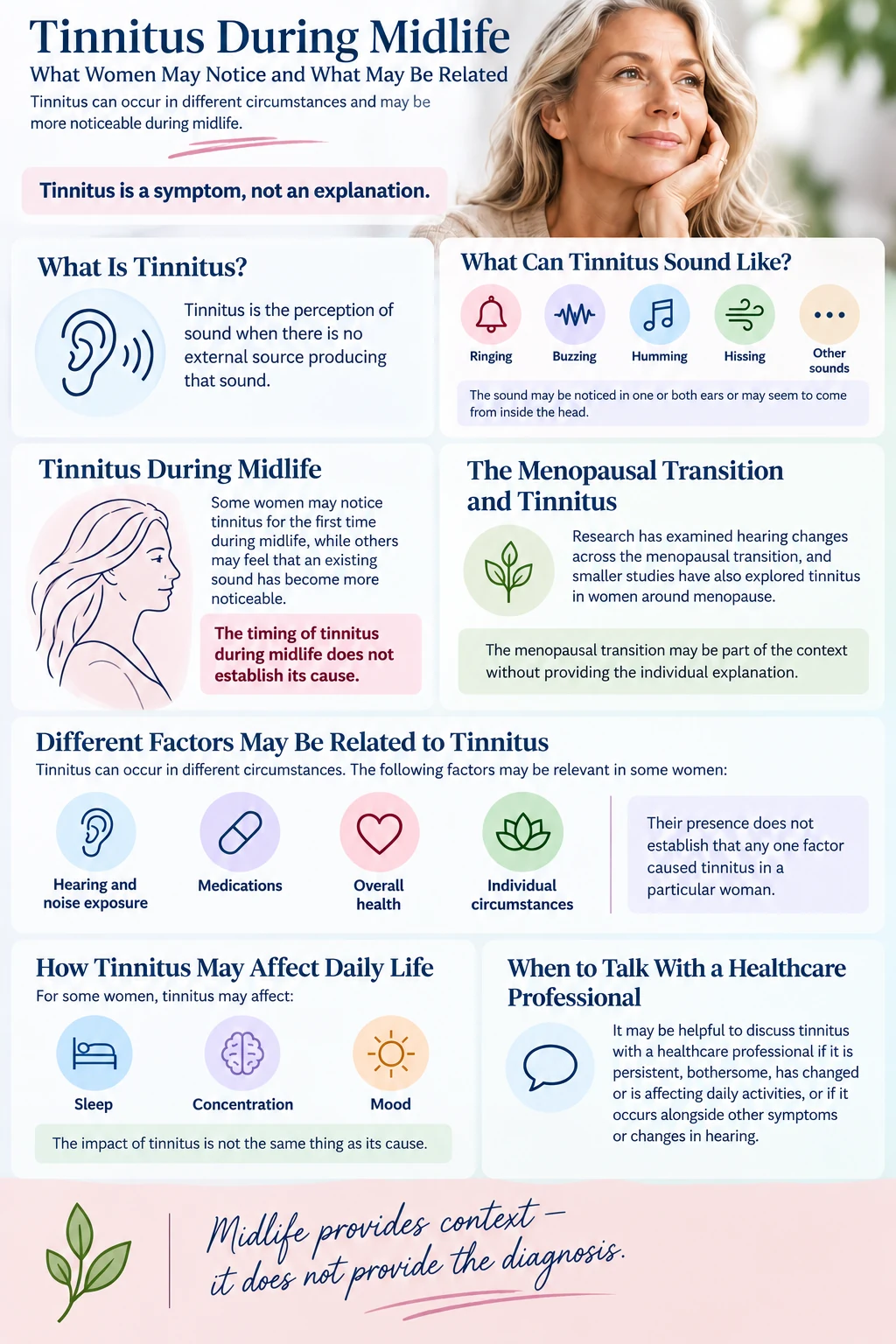 Infographic explaining tinnitus during midlife, including possible sounds, related factors, daily-life effects and why midlife does not establish the cause