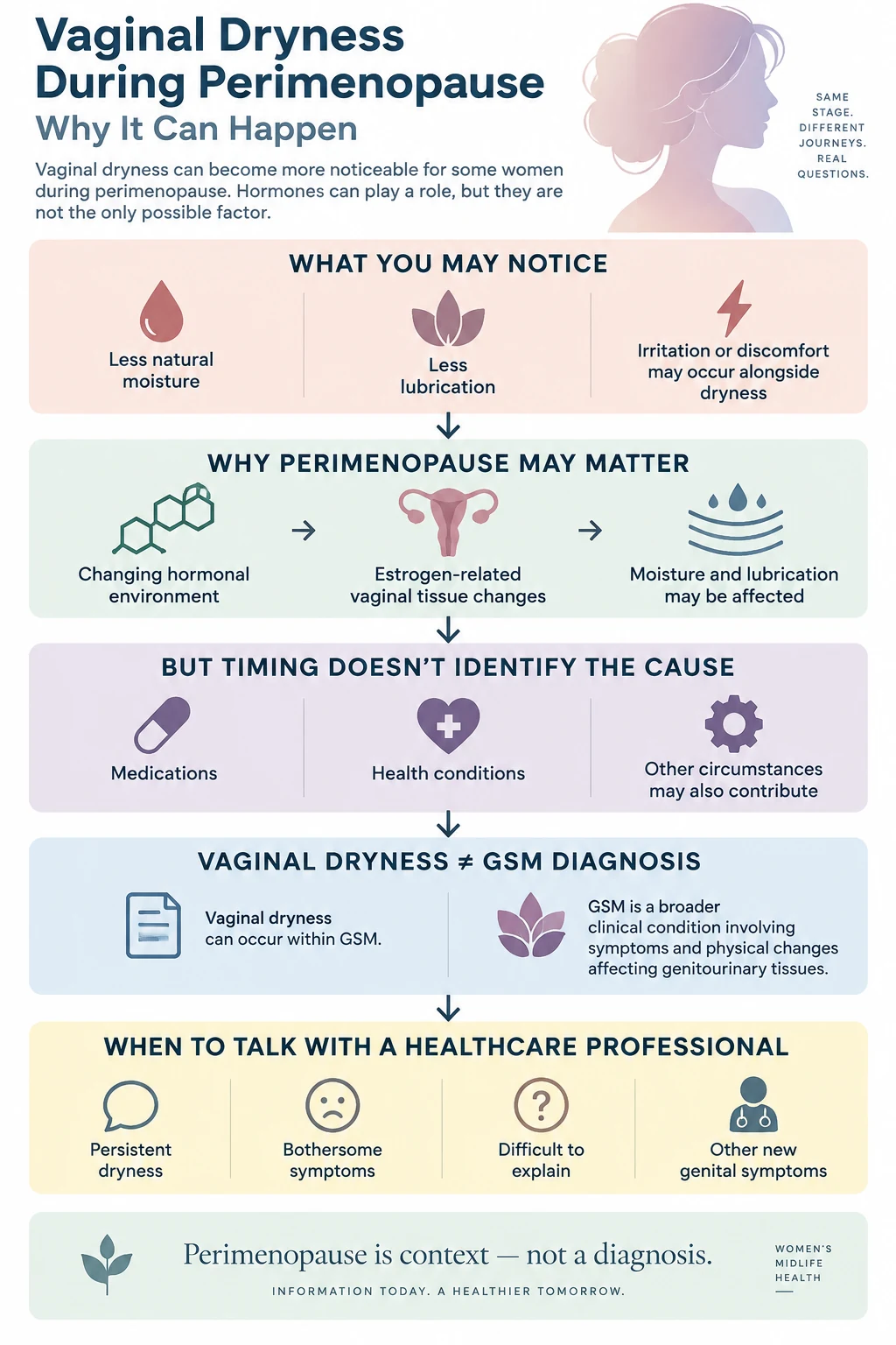 Infographic explaining vaginal dryness during perimenopause, including reduced moisture and lubrication, estrogen-related vaginal tissue changes, other possible contributing factors, the distinction between vaginal dryness and GSM, and when to talk with a healthcare professional.