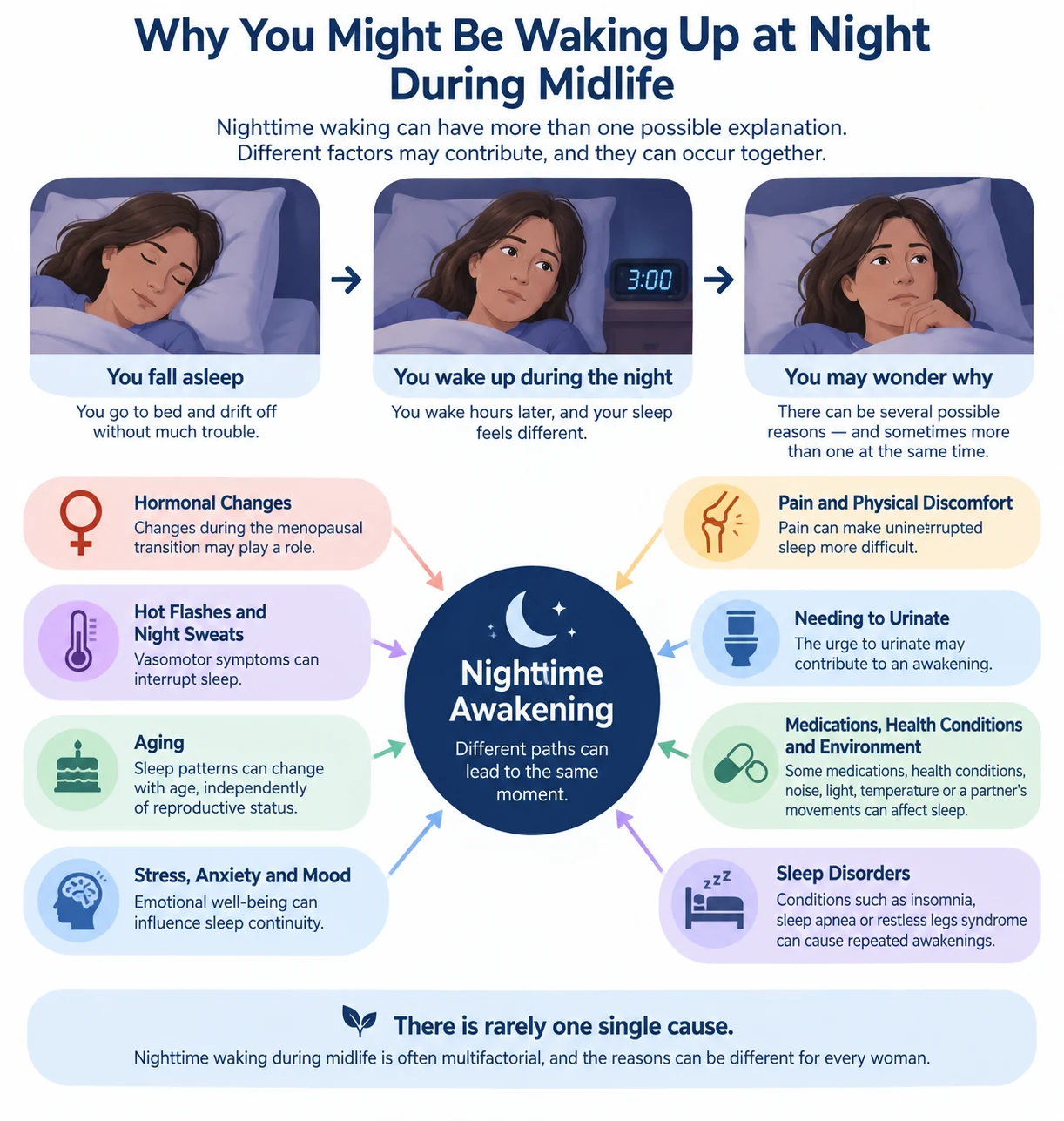 Infographic showing possible factors that can contribute to nighttime waking in women during midlife, including hormonal changes, hot flashes, aging, stress, pain, urination, health conditions and sleep disorders.